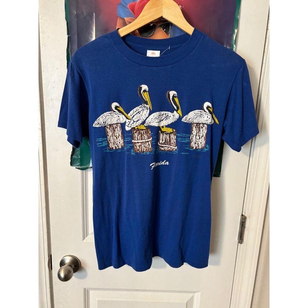 Vintage Sunshine Apparel Florida Pelican T Shirt Blue Single Stitch Mens Medium